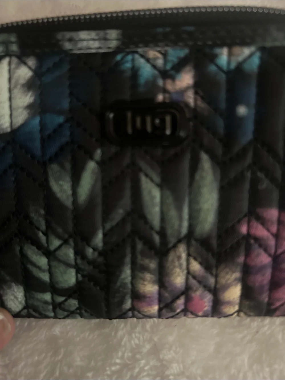 lug Quilted Floral Wristlet in Black with Multicolor Floral Accents